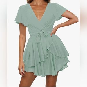 Women's Summer Wrap V Neck Ruffle Short Sleeve Tie Waist Casual A line Swing Sho